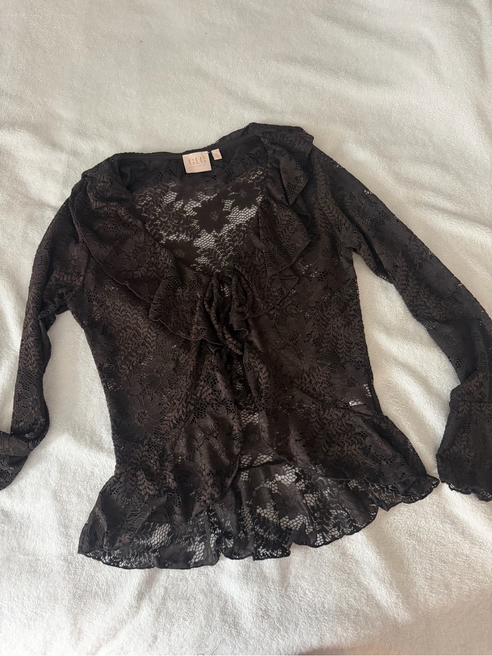 Good Luck Gem Black Sheer Lace Ruffle Tie-Front Blouse